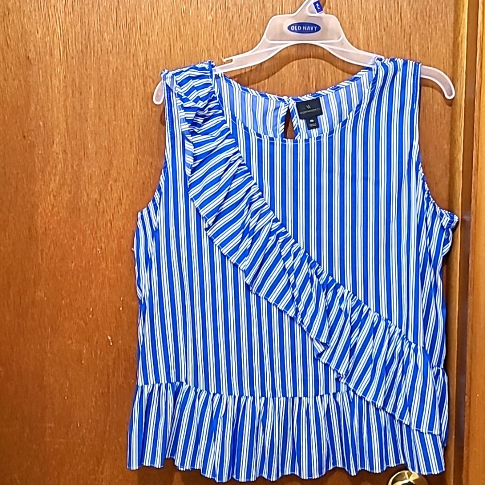 Worthington Ruffle Tank Top, Blue/White, XL